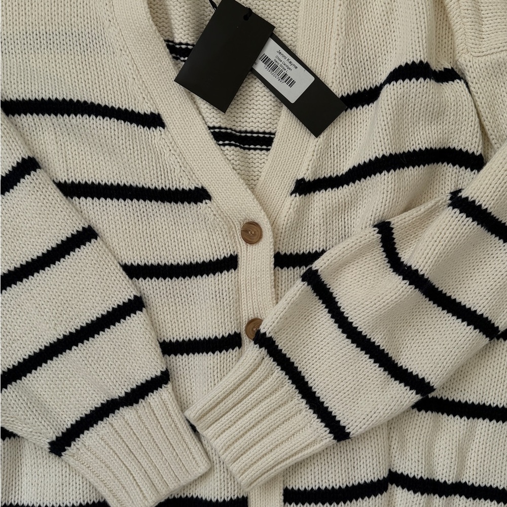 Jenni Kayne Striped V-Neck Button Cardigan Sweater - Cream & Black